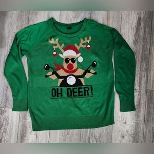 LOL Vintage Women's  Green "Oh Deer" Pullover Crew Neck Christmas Sweater
